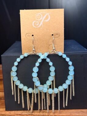 Plunder Aqua Beaded Hoop Fringe Earrings